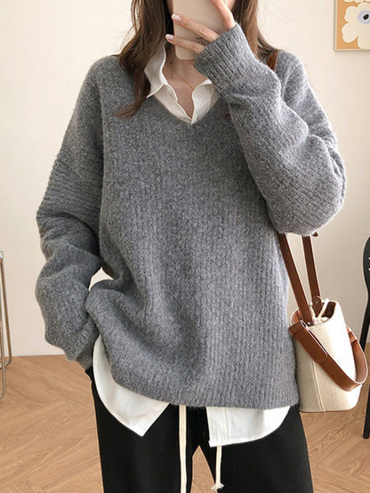 Simple Long Sleeves Loose Solid Color V-Neck Sweater Tops