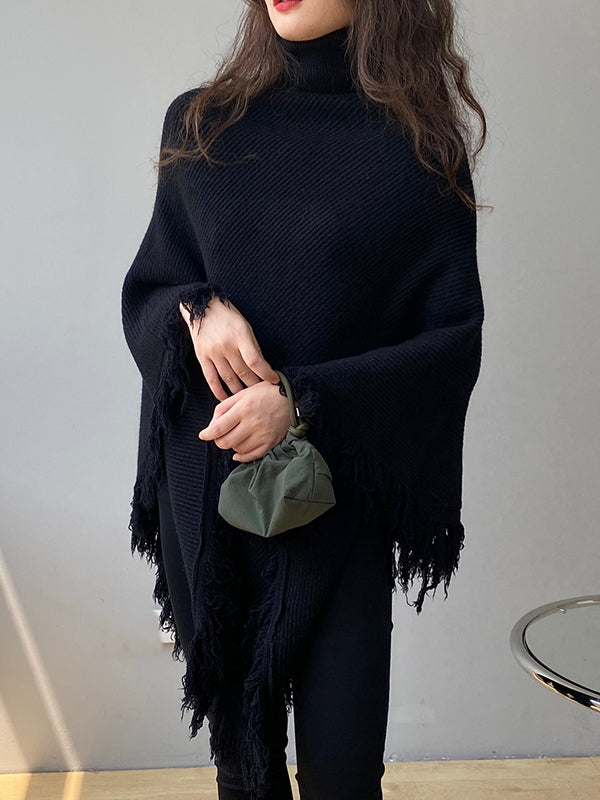 Casual Loose Tasseled Solid Color High-Neck Sweater Tops