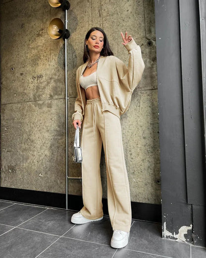 Zip Up Cardigan And Wide Leg Cotton Trousers Set