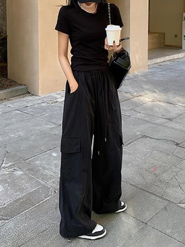 High Waisted Loose Drawstring Elasticity Pockets Solid Color Split-Joint Pants Trousers