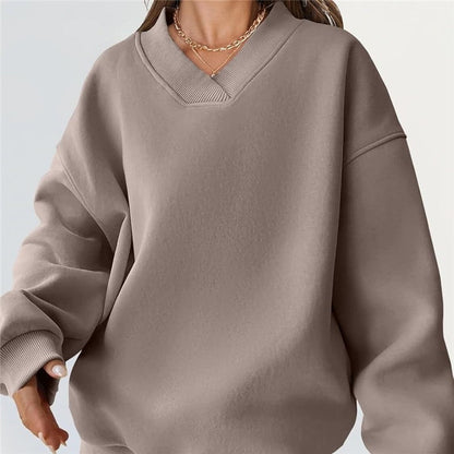 Solid Color Loose V-Neck Pullover Sweatshirt