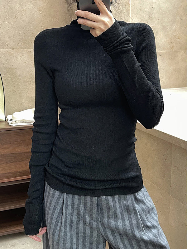Korean-Style Long Sleeves Solid Color High-Neck Sweater Tops