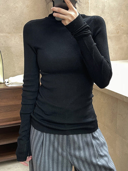 Korean-Style Long Sleeves Solid Color High-Neck Sweater Tops