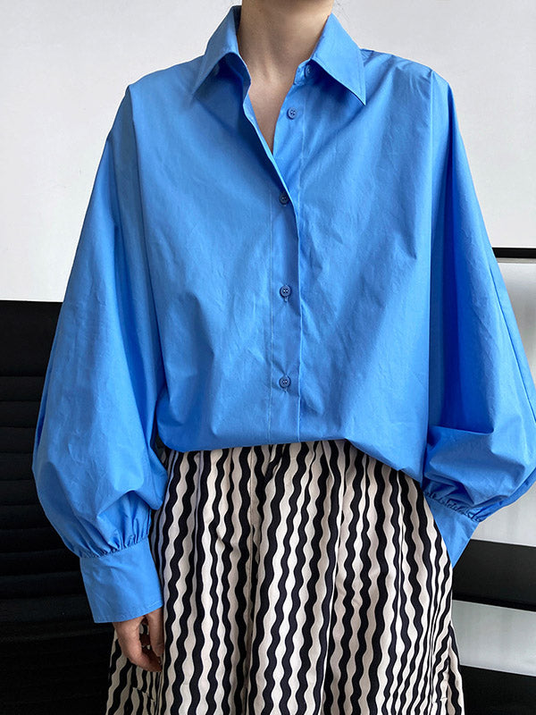 Long Sleeves Loose Buttoned Pleated Solid Color Lapel Blouses&Shirts Tops