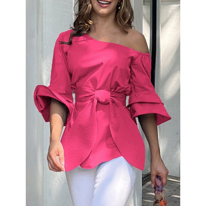 Flared Sleeves Wrap Bandage Hollow Solid Color Split-Joint Shirts Tops