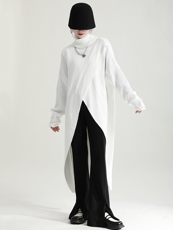 Original High-Low Asymmetric Knitting Dress High-Neck Sweater Dress