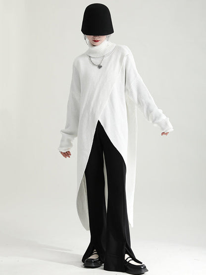 Original High-Low Asymmetric Knitting Dress High-Neck Sweater Dress