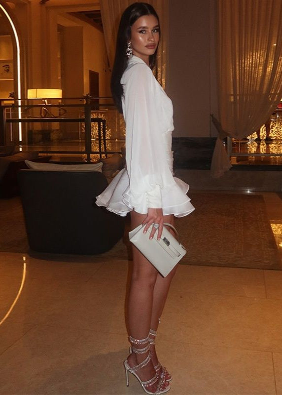 Chiffon Mini Dress With Long Sleeves And Ruffle Hem