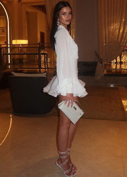 Chiffon Mini Dress With Long Sleeves And Ruffle Hem