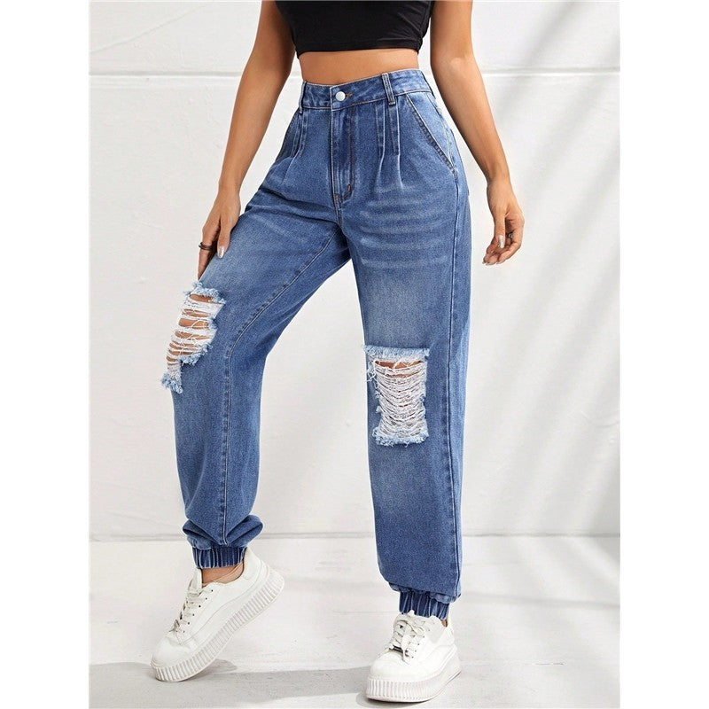 Casual High-Waist Slimming Loose Ripped Ripped Jeans