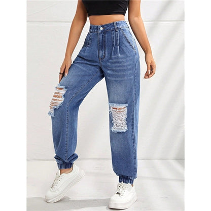 Casual High-Waist Slimming Loose Ripped Ripped Jeans
