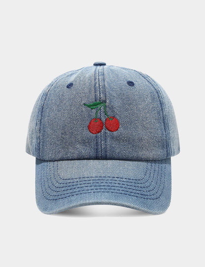 Denim Cherry Embroidered Casual Baseball Cap