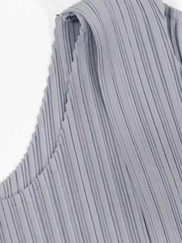 Irregular Clipping Loose Asymmetric Pleated Solid Color Split-Side Tiered Round-Neck Casual Pants Bottoms Two Pieces Set Vest Top