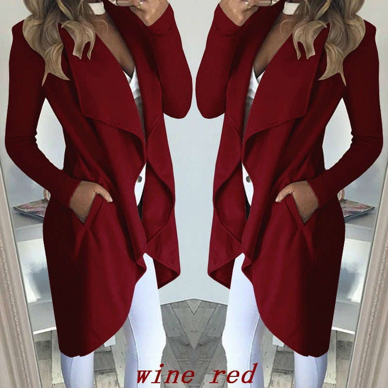 Fashion Solid Color Lapel Slim Long Windbreaker Jacket