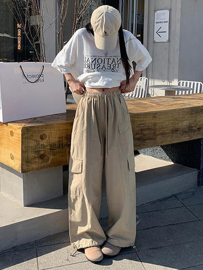 High Waisted Loose Drawstring Elasticity Pockets Solid Color Split-Joint Pants Trousers