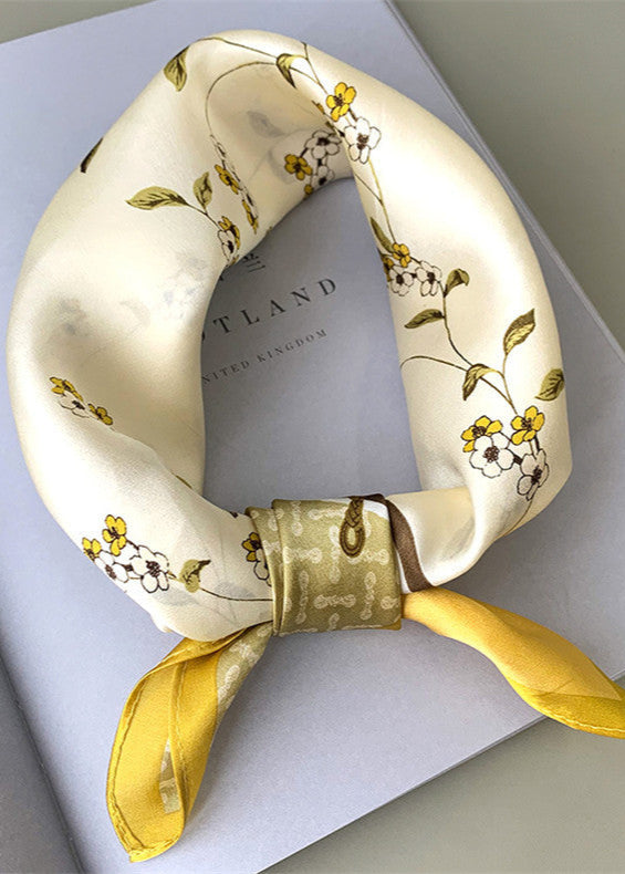 Floral Satin Polyester Square Scarf With Golden Border