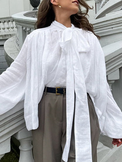 Loose Puff Sleeves Bandage Solid Color Blouses&Shirts Tops