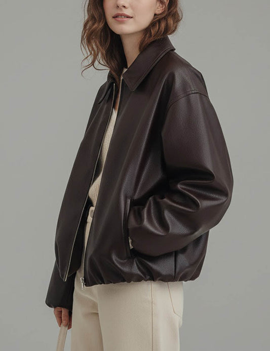 Simple Zipper Lapel Oversize Leather Jacket
