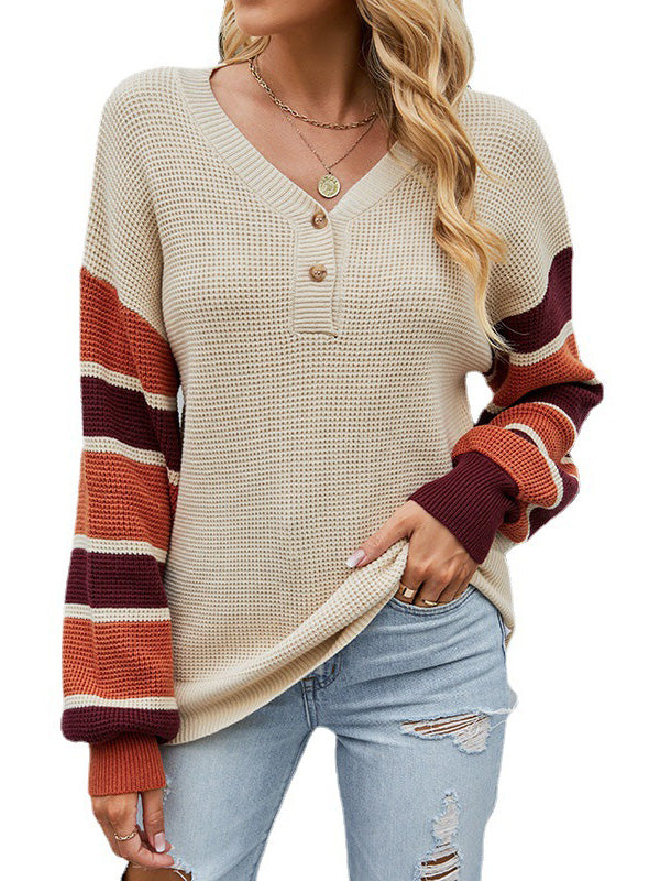 Casual Puff Sleeves Loose Striped V-Neck Sweater Tops