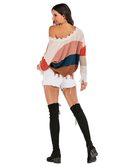 Urban Loose Fringed Contrast Color V-Neck Sweater