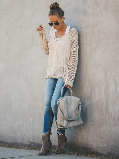 Hollow Solid Color V-Neck Knitting Sweater Tops