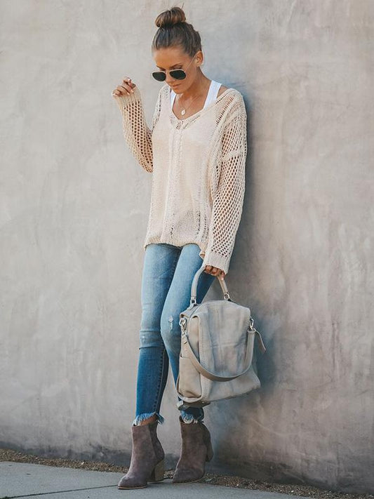 Hollow Solid Color V-Neck Knitting Sweater Tops