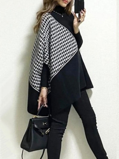 Original Loose Batwing Sleeves Contrast Color Plaid High-Neck Sweater Tops