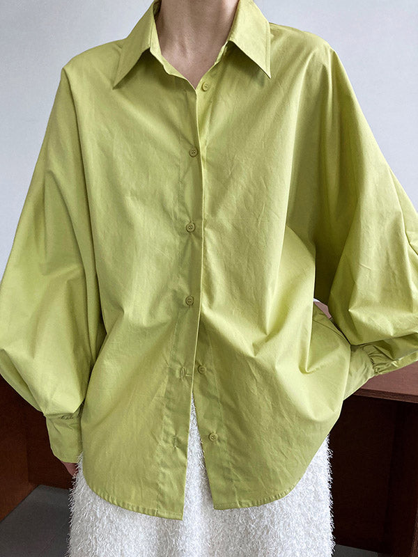 Long Sleeves Loose Buttoned Pleated Solid Color Lapel Blouses&Shirts Tops