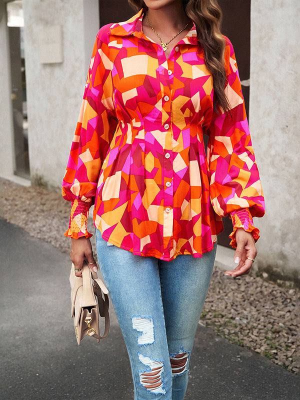 Bishop Sleeve Long Sleeves Buttoned Elasticity Pleated Printed Lapel Blouses&Shirts Tops