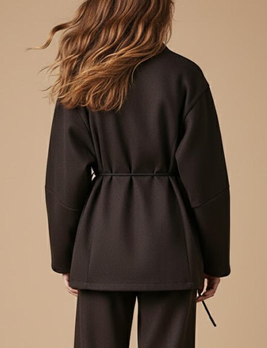 Brown V-Neck Shell Waist Tie Loose Jacket
