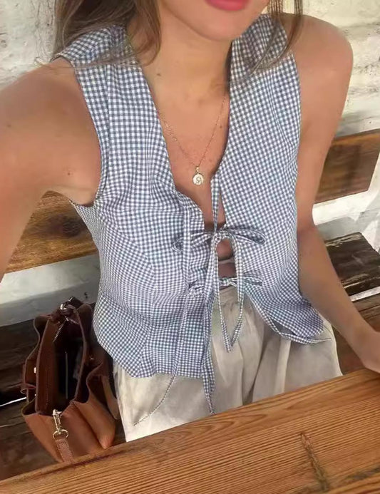Bow String Plaid Sleeveless Open Front Vest