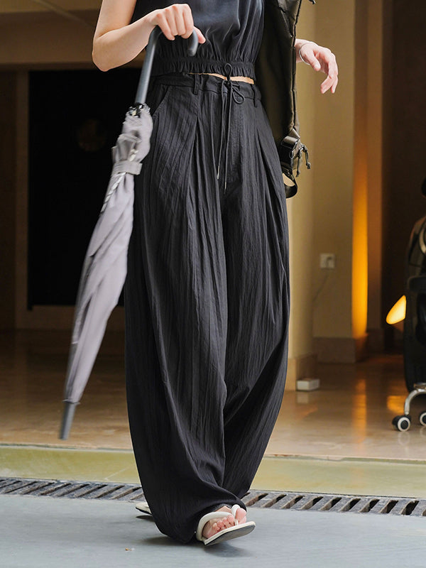 High Waisted Wide Leg Drawstring Pleated Solid Color Casual Pants Bottoms