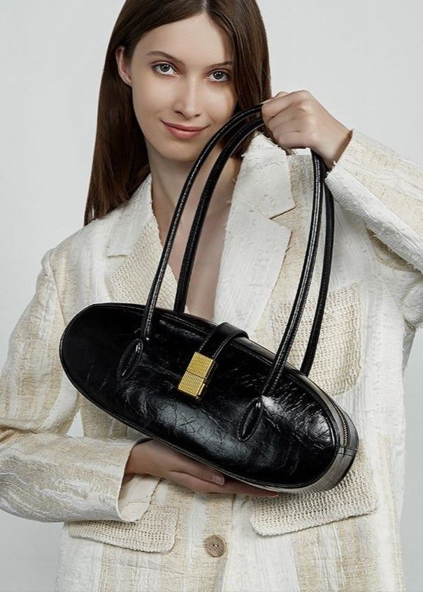 Oval Patent Leather Top Handle Structured Handbag