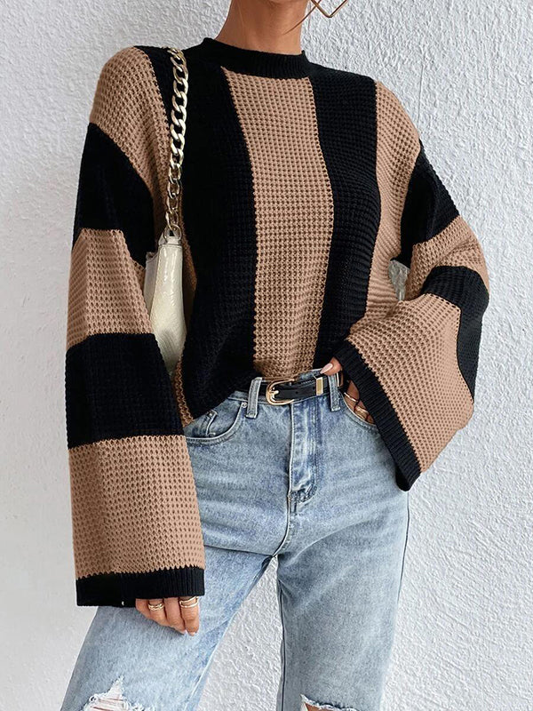 Flared Sleeves Long Sleeves Contrast Color Round-Neck Knitwear Pullovers Sweater Tops