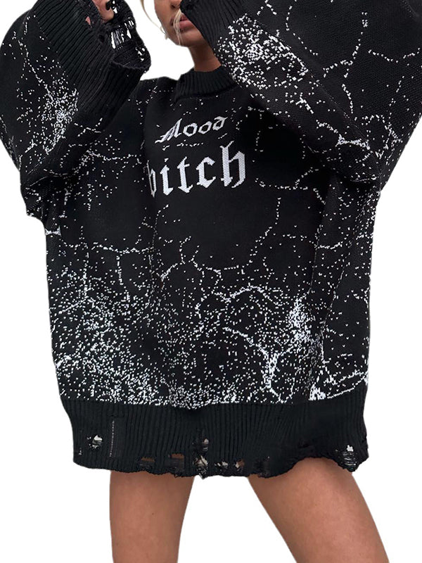 Long Sleeves Loose Hollow Knitted Letters Round-Neck Knitwear Pullovers Sweater Tops