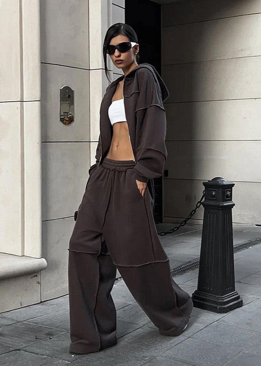Oversized Polyester Zip Hoodie And Wide Leg Pants Set