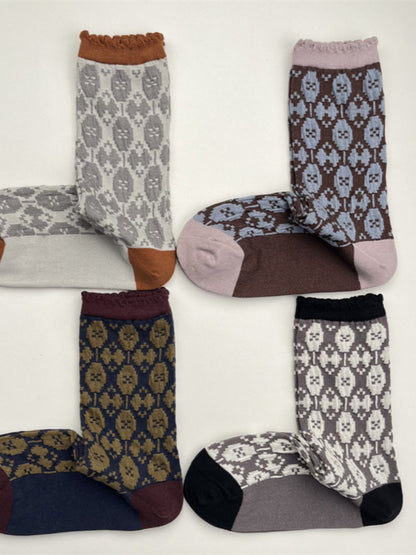 Rufia - Retro Mid-Calf Socks with Embossed Flowers