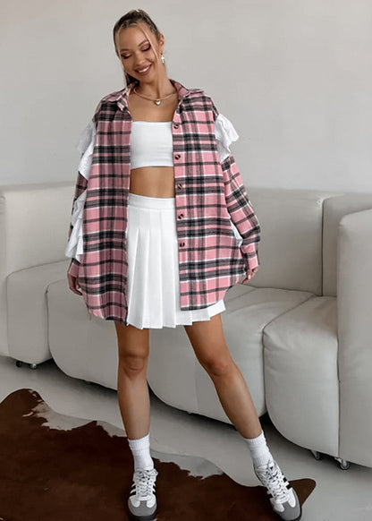 Plaid Poplin Shirt Cotton Polyester Pink Ruffle Detail