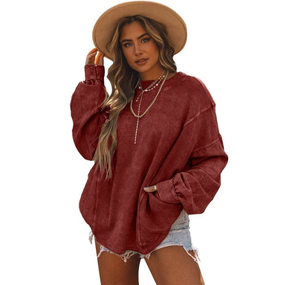 Loose-Fit Minimalist Solid Color Ribbed Cuff Sweatshirt