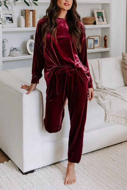 Red Solid Velvet Round Neck Top \u0026 Drawstring Pants Longe Set