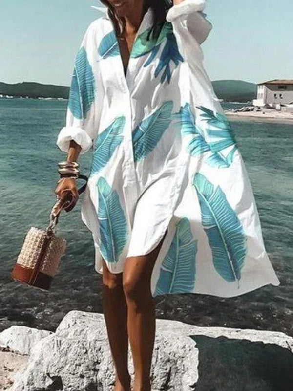 Irregular Clipping Long Sleeves Multi-Colored Wash Painting Lapel Collar Blouses