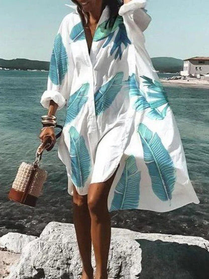 Irregular Clipping Long Sleeves Multi-Colored Wash Painting Lapel Collar Blouses