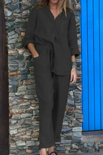 Casual Solid Color V-Neck Shirt \u0026 Pants Cotton Linen Two-Piece Set
