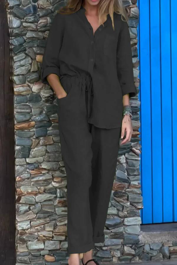 Casual Solid Color V-Neck Shirt \u0026 Pants Cotton Linen Two-Piece Set
