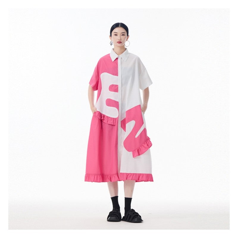 Color Block Polo Collar Flounce Sleeveless A-Line Dress
