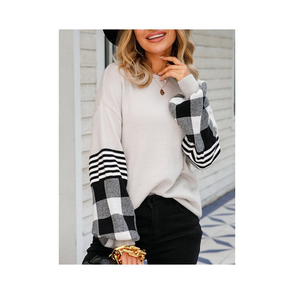 Casual Long Sleeves Loose Checkered Round-Neck Sweater Tops