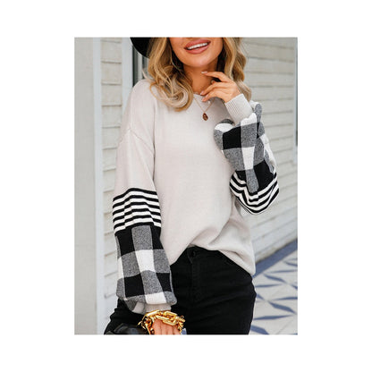 Casual Long Sleeves Loose Checkered Round-Neck Sweater Tops