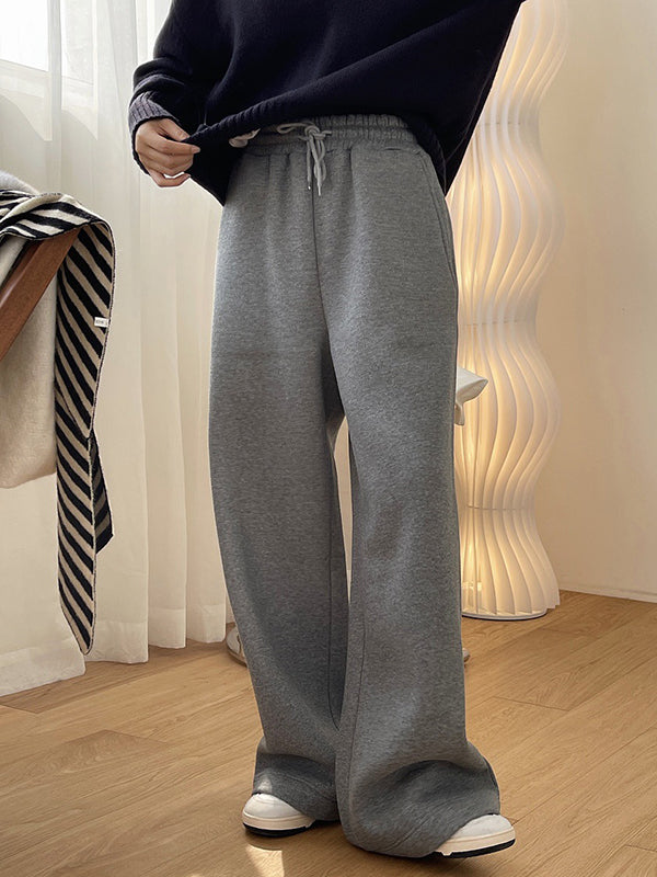 Simple Solid Color Drawstring  Waist Velvet Casual Wide Leg Pants