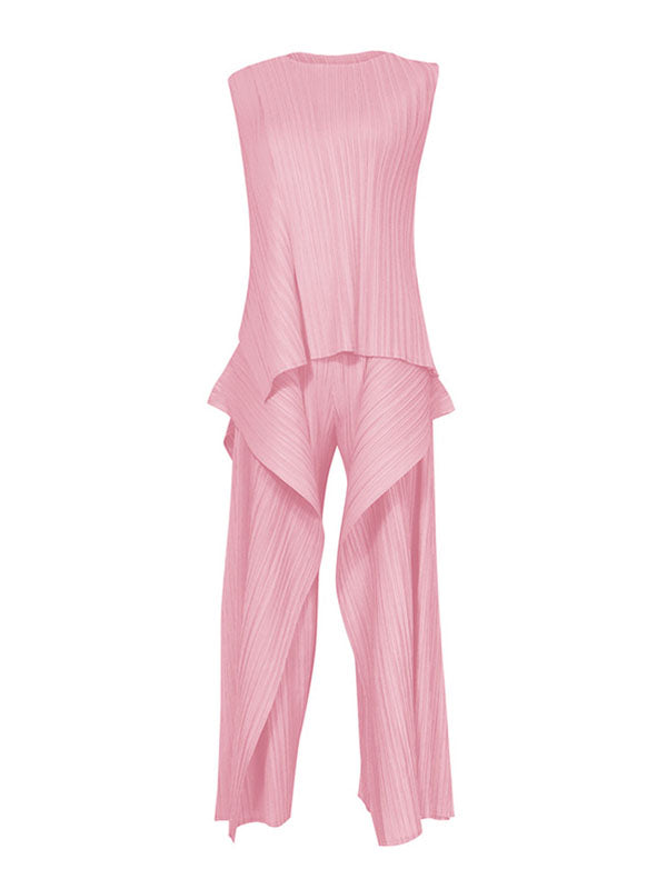 Irregular Clipping Loose Asymmetric Pleated Solid Color Split-Side Tiered Round-Neck Casual Pants Bottoms Two Pieces Set Vest Top