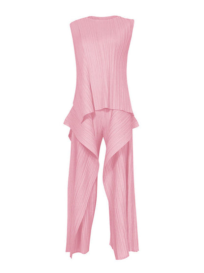 Irregular Clipping Loose Asymmetric Pleated Solid Color Split-Side Tiered Round-Neck Casual Pants Bottoms Two Pieces Set Vest Top